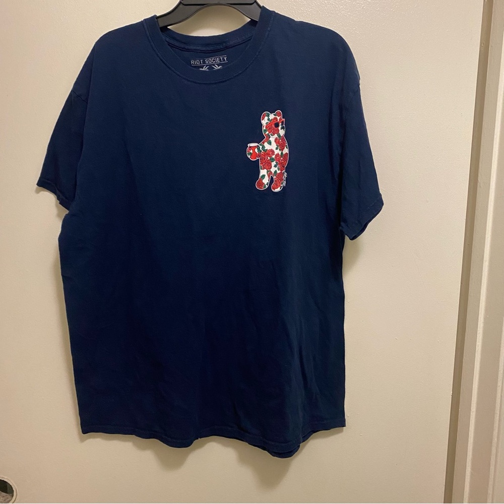 Riot Society Mens Graphic Tee T Shirt XL 44” Navy Blue Bear In Roses On Chest - Picture 2 of 4